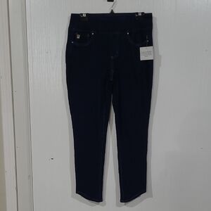 Belle By Kim Gravel Flexibelle Dark Wash Pull-on Jeans With Curved Hem Size 10